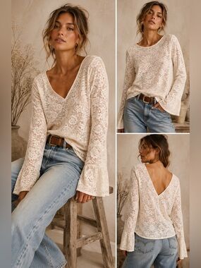 Free People Intimately Peach Lace Reversible Top V-Neck / Round Neck Size M